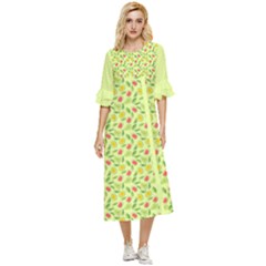 Vector Fruits pattern, pastel colors, yellow background Double Cuff Midi Dress