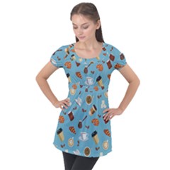 Coffee Time Puff Sleeve Tunic Top by SychEva