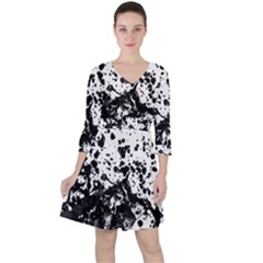 Black And White Abstract Liquid Design Quarter Sleeve Ruffle Waist Dress by dflcprintsclothing