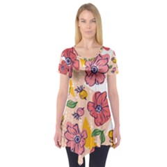 Cartoon Flowers Short Sleeve Tunic  by designsbymallika