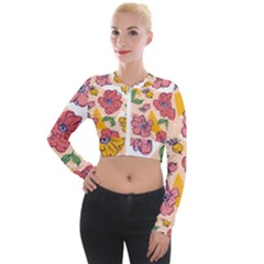 Cartoon Flowers Long Sleeve Cropped Velvet Jacket by designsbymallika