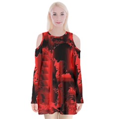 Red Light Velvet Long Sleeve Shoulder Cutout Dress by MRNStudios