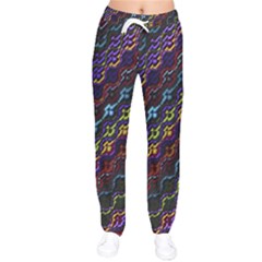 Dark Multicolored Mosaic Pattern Women Velvet Drawstring Pants