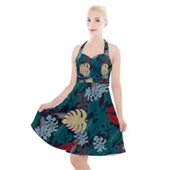 Tropical Autumn Leaves Halter Party Swing Dress  by tmsartbazaar