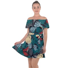 Tropical Autumn Leaves Off Shoulder Velour Dress by tmsartbazaar