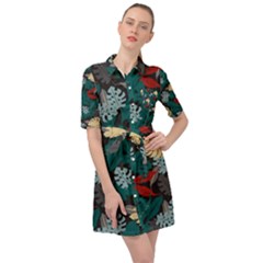 Tropical Autumn Leaves Belted Shirt Dress by tmsartbazaar