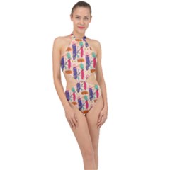 Minimal Floral Art Halter Side Cut Swimsuit by designsbymallika