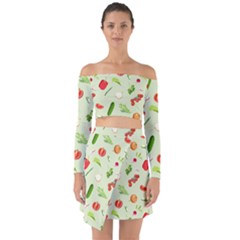 Seamless Pattern With Vegetables  Delicious Vegetables Off Shoulder Top With Skirt Set by SychEva