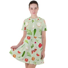 Seamless Pattern With Vegetables  Delicious Vegetables Short Sleeve Shoulder Cut Out Dress  by SychEva