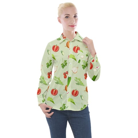 Seamless Pattern With Vegetables  Delicious Vegetables Women s Long Sleeve Pocket Shirt by SychEva