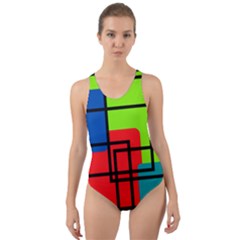 Colorful Rectangle Boxes Cut-out Back One Piece Swimsuit