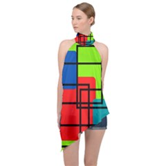 Colorful Rectangle Boxes Halter Asymmetric Satin Top by Magicworlddreamarts1