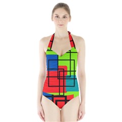 Colorful Rectangle Boxes Halter Swimsuit by Magicworlddreamarts1