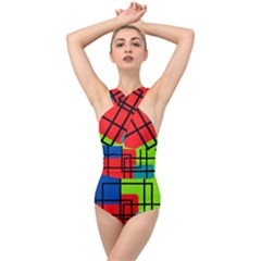 Colorful Rectangle Boxes Cross Front Low Back Swimsuit