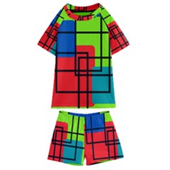 Colorful Rectangle Boxes Kids  Swim Tee And Shorts Set