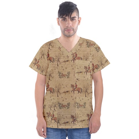 Foxhunt Horse And Hounds Men s V-neck Scrub Top by Abe731