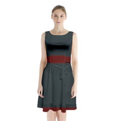 navy blue red stripe crest Sleeveless Waist Tie Chiffon Dress