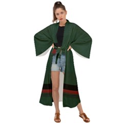 Dark Green Solid Dark Green Black Red Stripe Curved Dark Green Black Red Stripe Maxi Kimono by Abe731