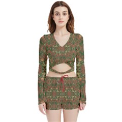 Modern Tropical Motif Print Velvet Wrap Crop Top And Shorts Set by dflcprintsclothing