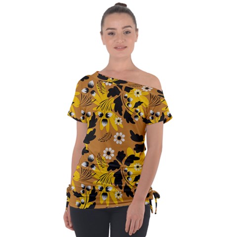 Folk Flowers Art Pattern  Off Shoulder Tie-up Tee by Eskimos