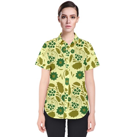 Folk Flowers Art Pattern Floral  Women s Short Sleeve Shirt by Eskimos