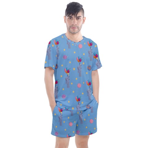Baby Elephant Flying On Balloons Men s Mesh Tee And Shorts Set by SychEva
