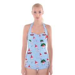 Funny Mushrooms Go About Their Business Boyleg Halter Swimsuit  by SychEva