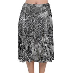 Grey And White Grunge Camouflage Abstract Print Velvet Flared Midi Skirt by dflcprintsclothing