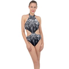 Black And White Lilies Botany Motif Print Halter Side Cut Swimsuit by dflcprintsclothing