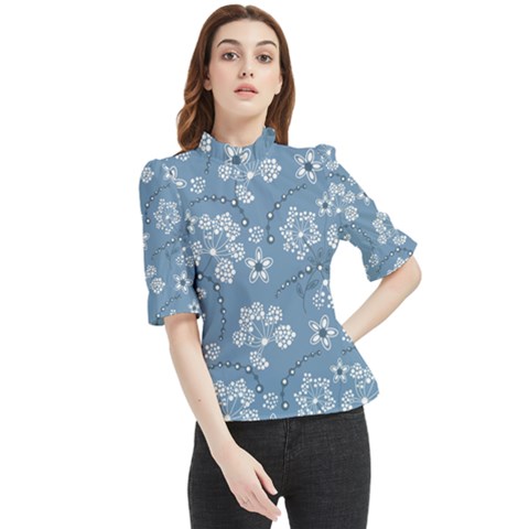 Folk Flowers Art Pattern  Frill Neck Blouse by Eskimos