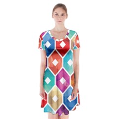 Hexagonal Color Pattern Short Sleeve V-neck Flare Dress by designsbymallika