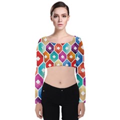 Hexagonal Color Pattern Velvet Long Sleeve Crop Top by designsbymallika