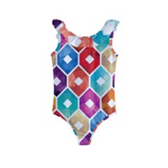 Hexagonal Color Pattern Kids  Frill Swimsuit by designsbymallika