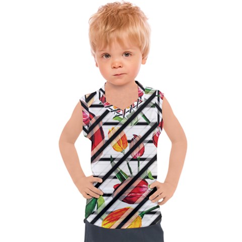 Stripes Tulips Pattern Kids  Sport Tank Top by designsbymallika