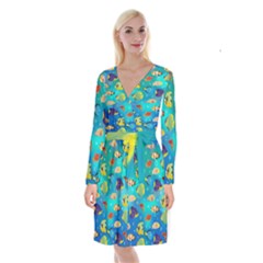 Cheerful And Bright Fish Swim In The Water Long Sleeve Velvet Front Wrap Dress by SychEva