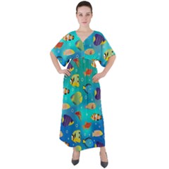 Cheerful And Bright Fish Swim In The Water V-neck Boho Style Maxi Dress by SychEva