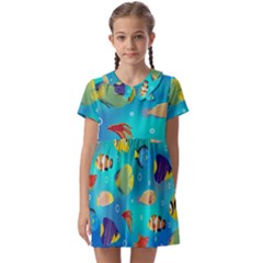 Cheerful And Bright Fish Swim In The Water Kids  Asymmetric Collar Dress by SychEva