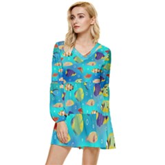 Cheerful And Bright Fish Swim In The Water Tiered Long Sleeve Mini Dress by SychEva
