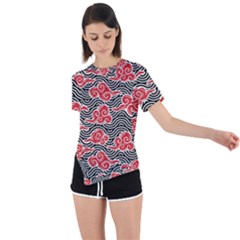 Red Black Waves Asymmetrical Short Sleeve Sports Tee by designsbymallika