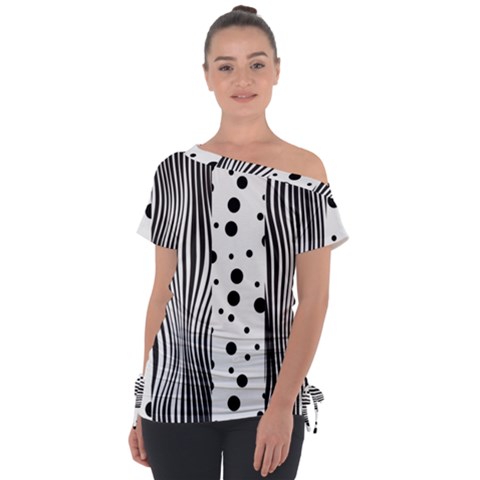 Stripes Black White Pattern Off Shoulder Tie-up Tee by designsbymallika