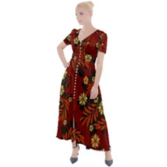 Folk Flowers Pattern Button Up Short Sleeve Maxi Dress