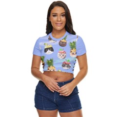 Cat Pineapples Cut Side Button Cropped Tee