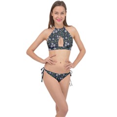 Folk Flowers Pattern Floral Surface Design Cross Front Halter Bikini Set by Eskimos