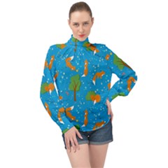 Red Fox In The Forest High Neck Long Sleeve Chiffon Top by SychEva