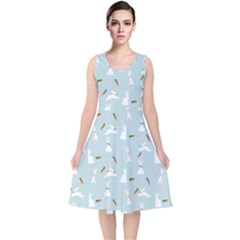 Funny And Funny Hares  And Rabbits In The Meadow V-neck Midi Sleeveless Dress  by SychEva