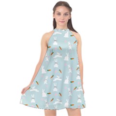 Funny And Funny Hares  And Rabbits In The Meadow Halter Neckline Chiffon Dress  by SychEva