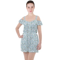 Funny And Funny Hares  And Rabbits In The Meadow Ruffle Cut Out Chiffon Playsuit by SychEva