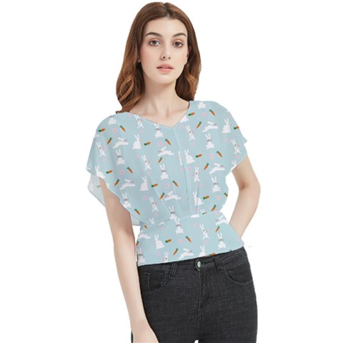 Funny And Funny Hares  And Rabbits In The Meadow Butterfly Chiffon Blouse by SychEva
