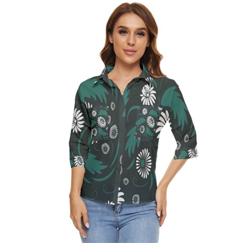 Folk Flowers Pattern Women s Quarter Sleeve Pocket Shirt by Eskimos