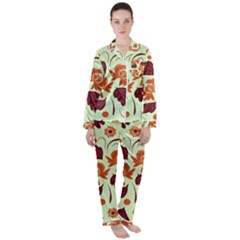 Folk Flowers Pattern Satin Long Sleeve Pajamas Set by Eskimos